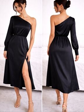 Kirundo One Shoulder Satin Midi Dress Black Size L Minimalist Reformation Style